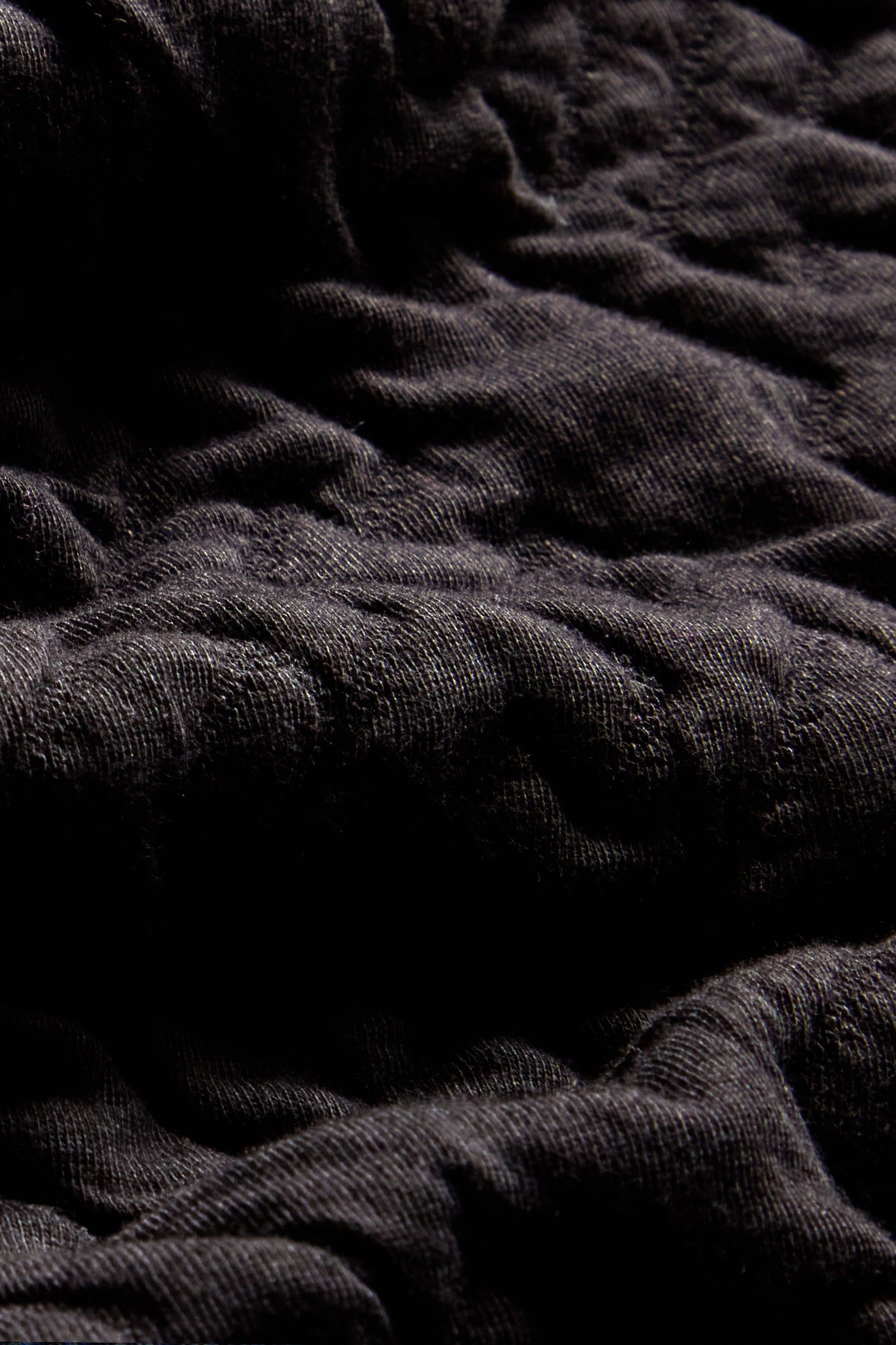 Close-up of a textured black fabric with visible folds and ridges, similar to the Abstract Quilted Cotton Jacket.