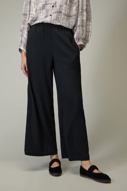 Crinkle Viscose Black Wide Trousers