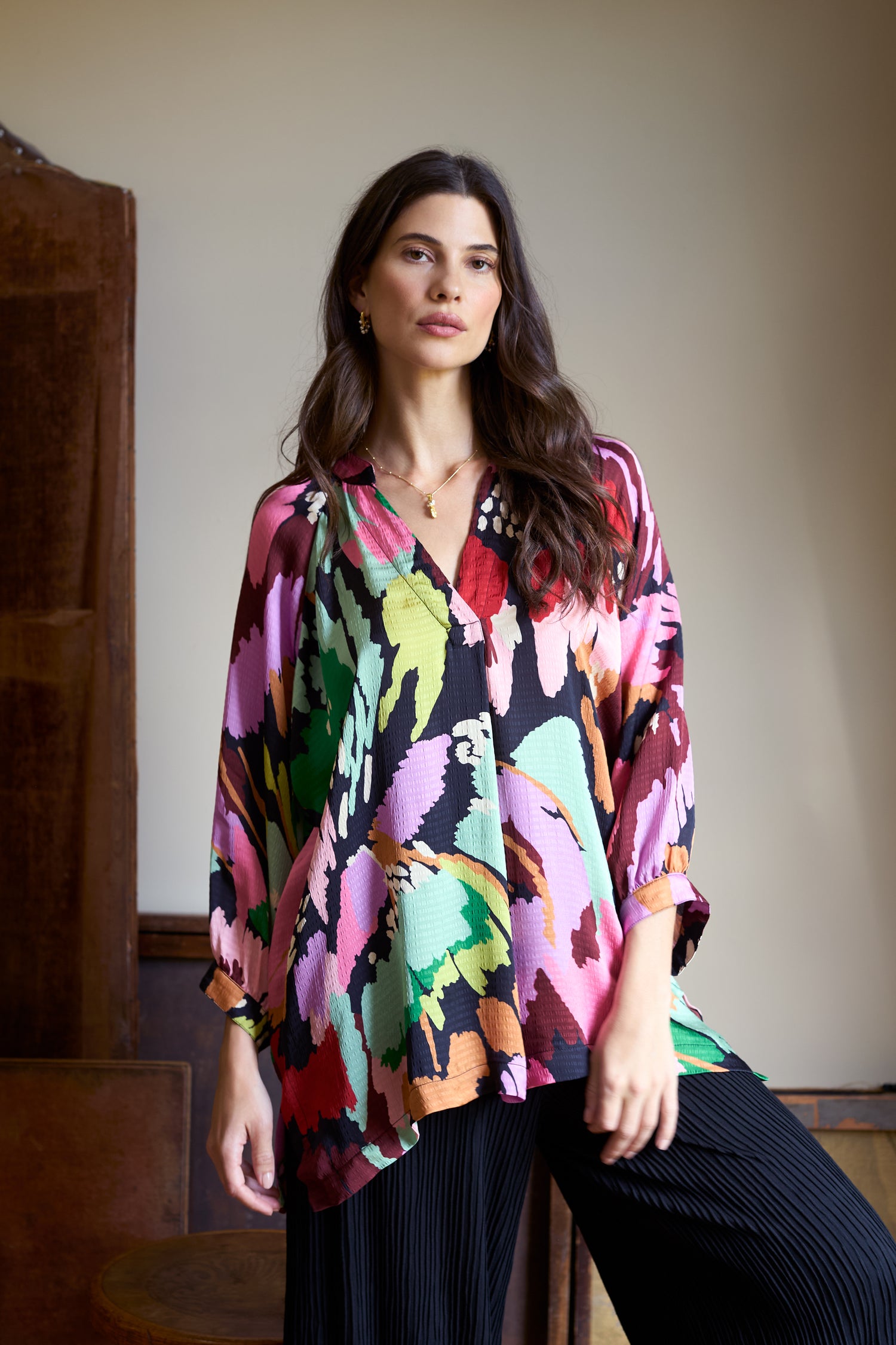 Textured Viscose Floral Collage Print Top