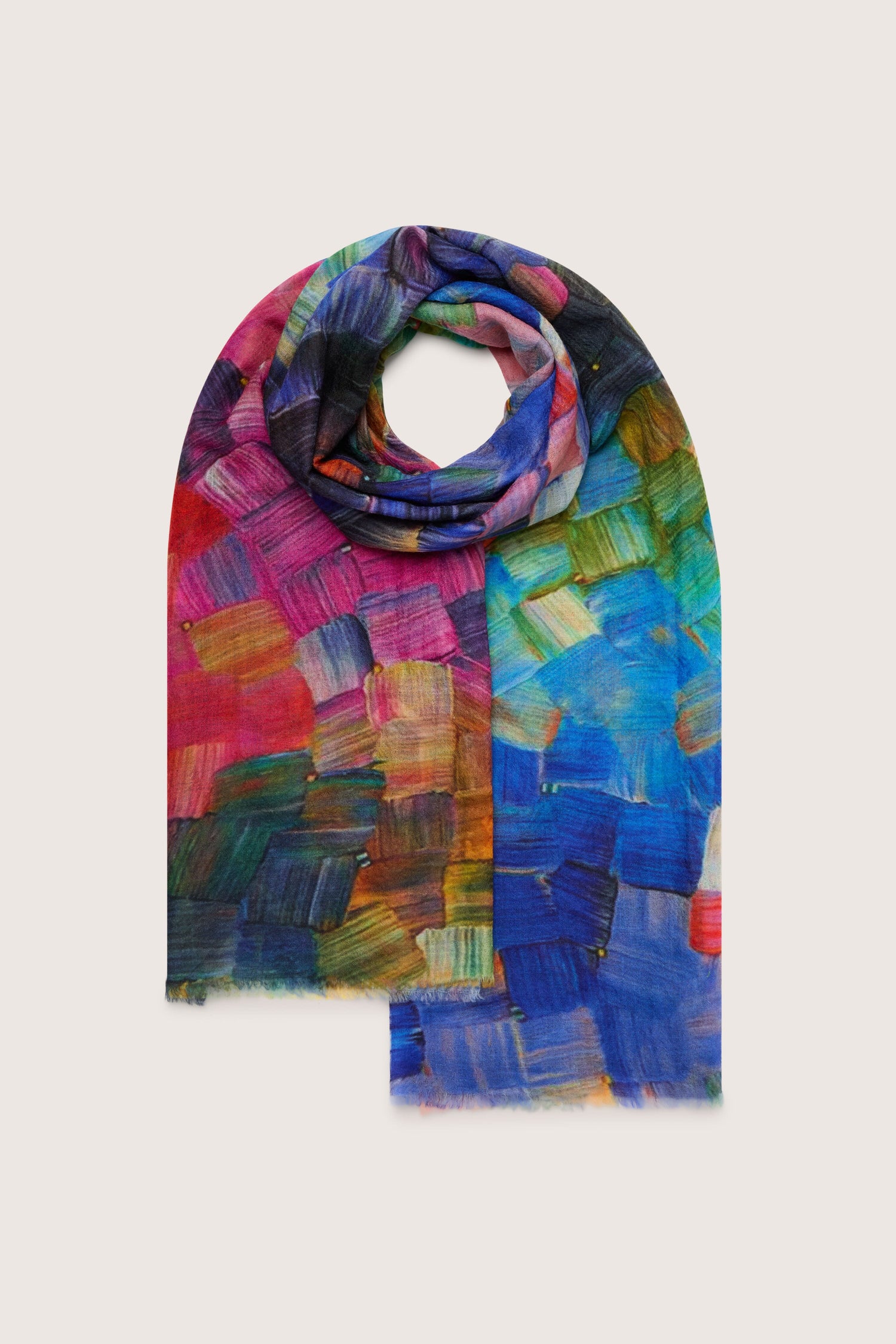 A luxurious Painterly Woollen Scarf with a colorful abstract design, perfect as an accessory.