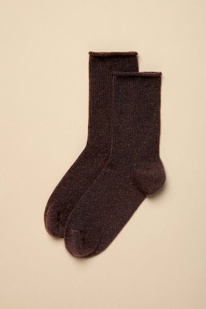 A pair of Dark Chocolate Bamboo Sparkle Socks, ribbed with a subtle glittery finish, laid flat on a light beige background.
