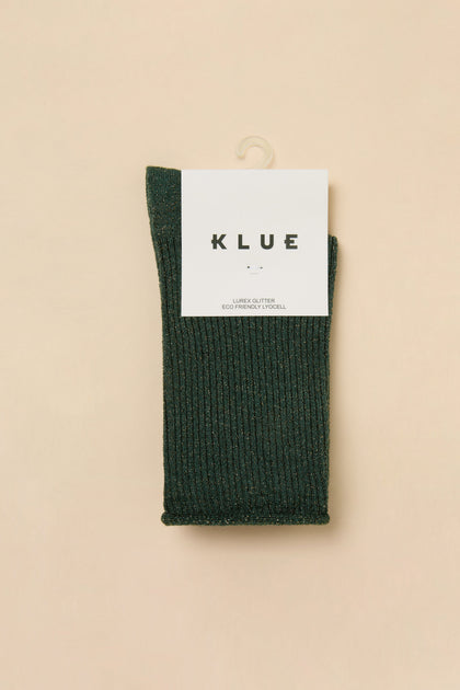 Forest Bamboo Sparkle Socks: dark green ribbed lyocell-blend knit socks with gold metallic fibre glitter.