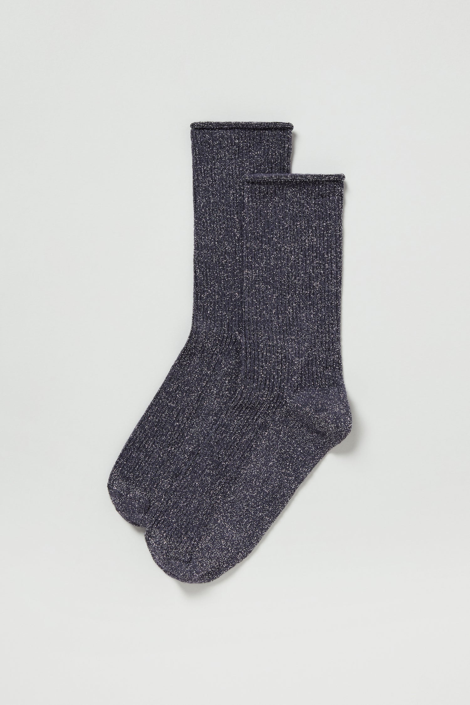 A pair of Bamboo Sparkle Dark Grey Socks laid side by side on a plain white background; these stylish crew socks add a touch of sparkle to any outfit.