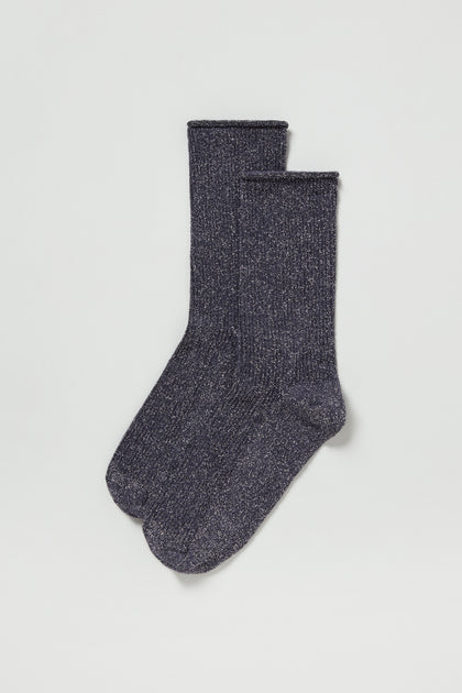 A pair of Bamboo Sparkle Dark Grey Socks laid side by side on a plain white background; these stylish crew socks add a touch of sparkle to any outfit.
