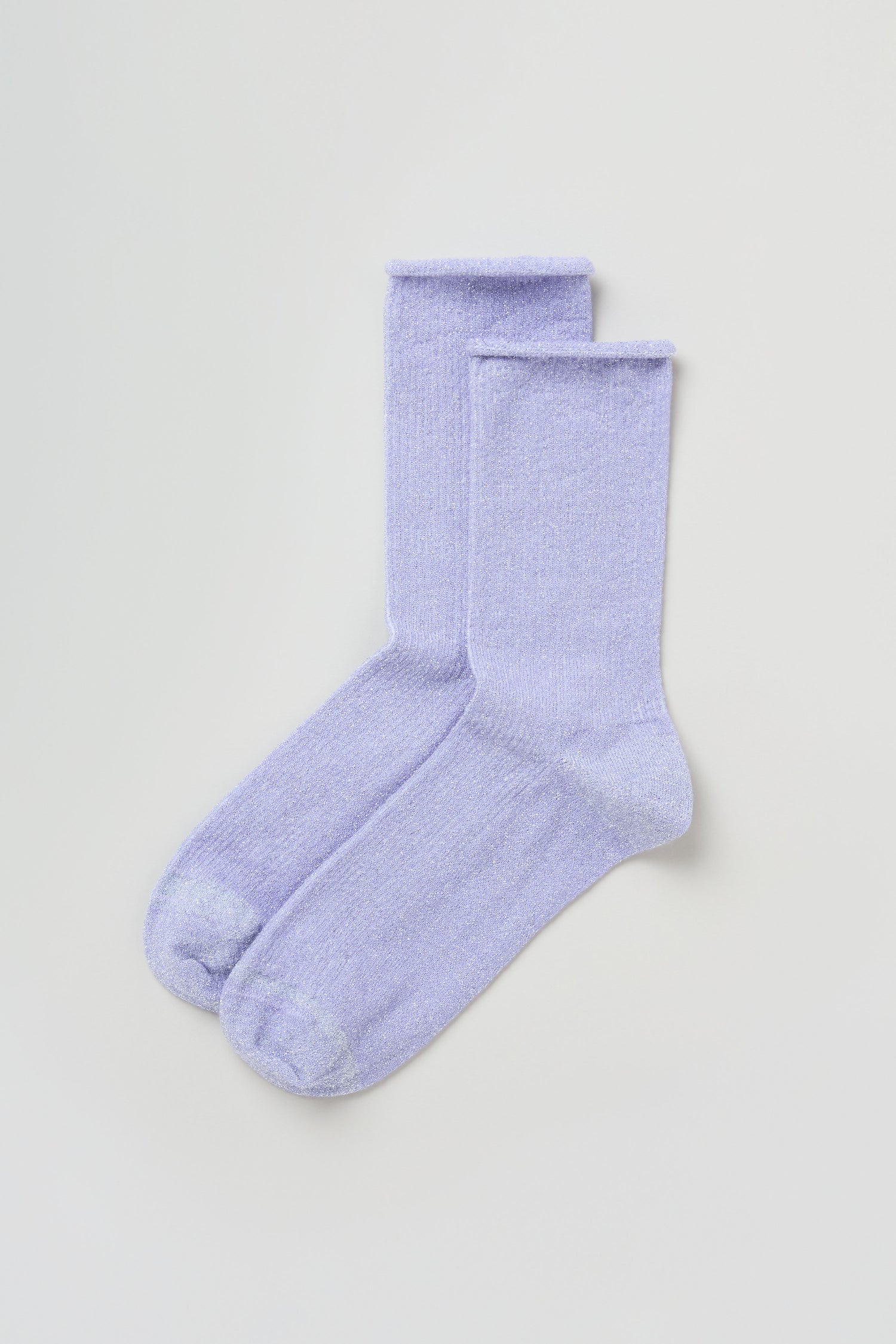 The Bamboo Sparkle Lilac Socks are light purple crew socks with a hint of metallic lurex shimmer, displayed flat on a plain white background.