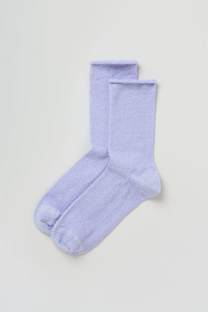 The Bamboo Sparkle Lilac Socks are light purple crew socks with a hint of metallic lurex shimmer, displayed flat on a plain white background.