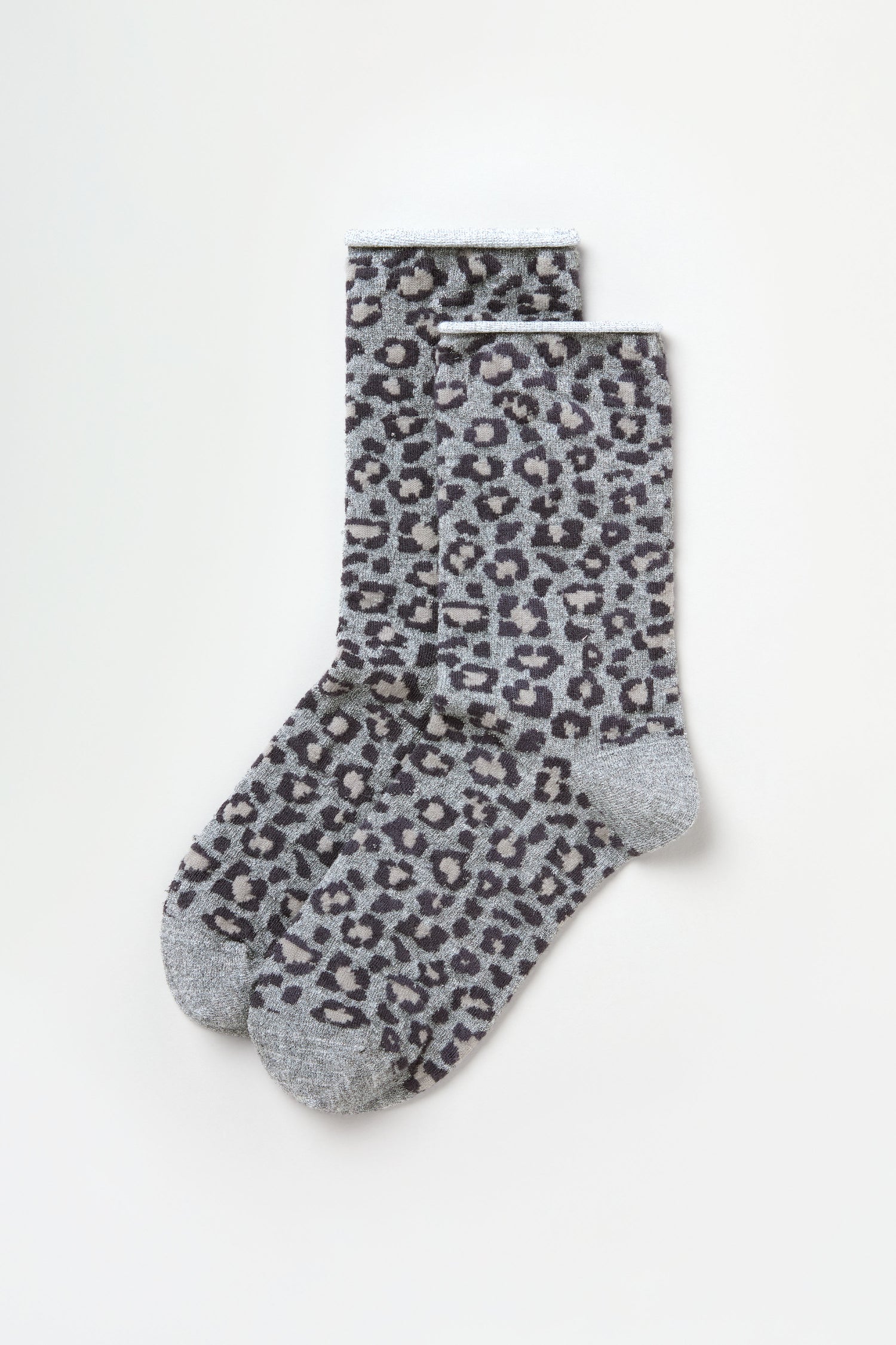 Bamboo Leopard Print Socks: gray crew socks with a black and beige leopard pattern, shown on a white background.