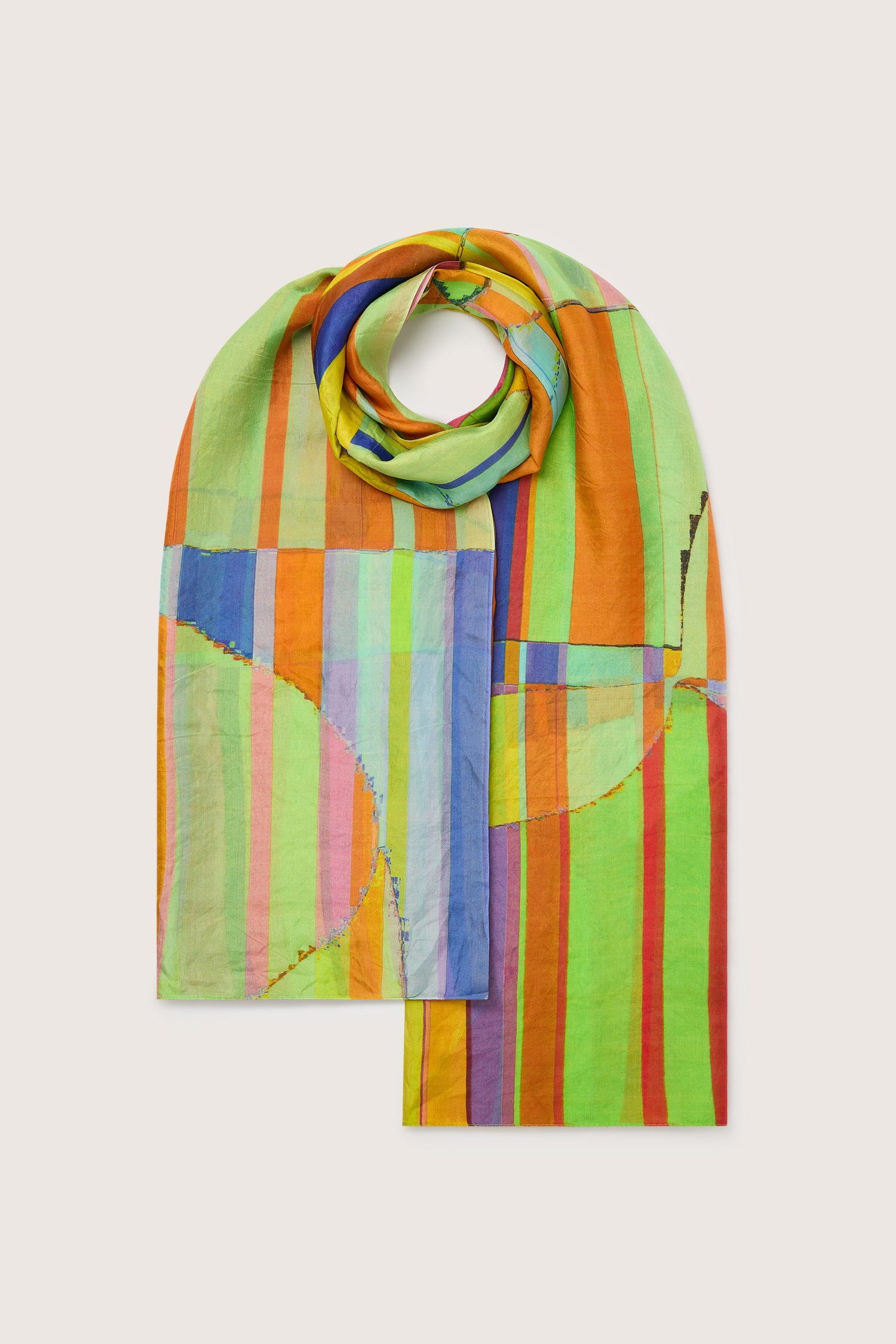 Geometric Silk Scarf displayed on a white background, now featuring a vibrant geometric pattern.