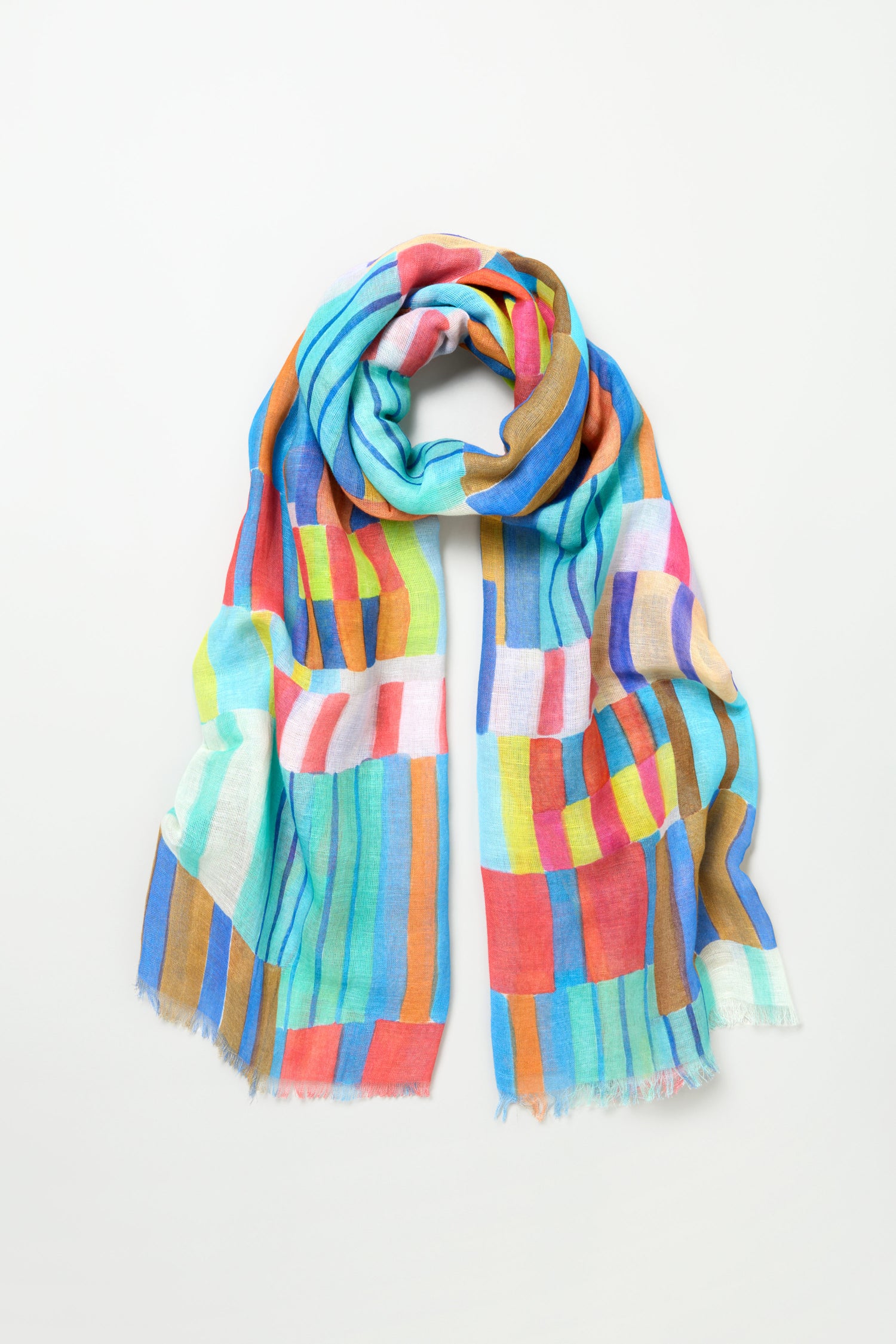 The Vivid Painted Stripes Scarf is a lightweight cotton-linen accessory featuring colorful rectangular blocks in blue, orange, green, red, brown, and white, shown against a plain white background.