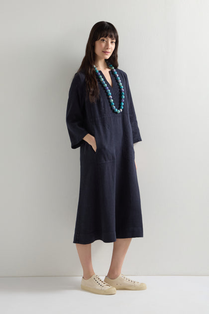 Twisted Linen Notch Neck Dress