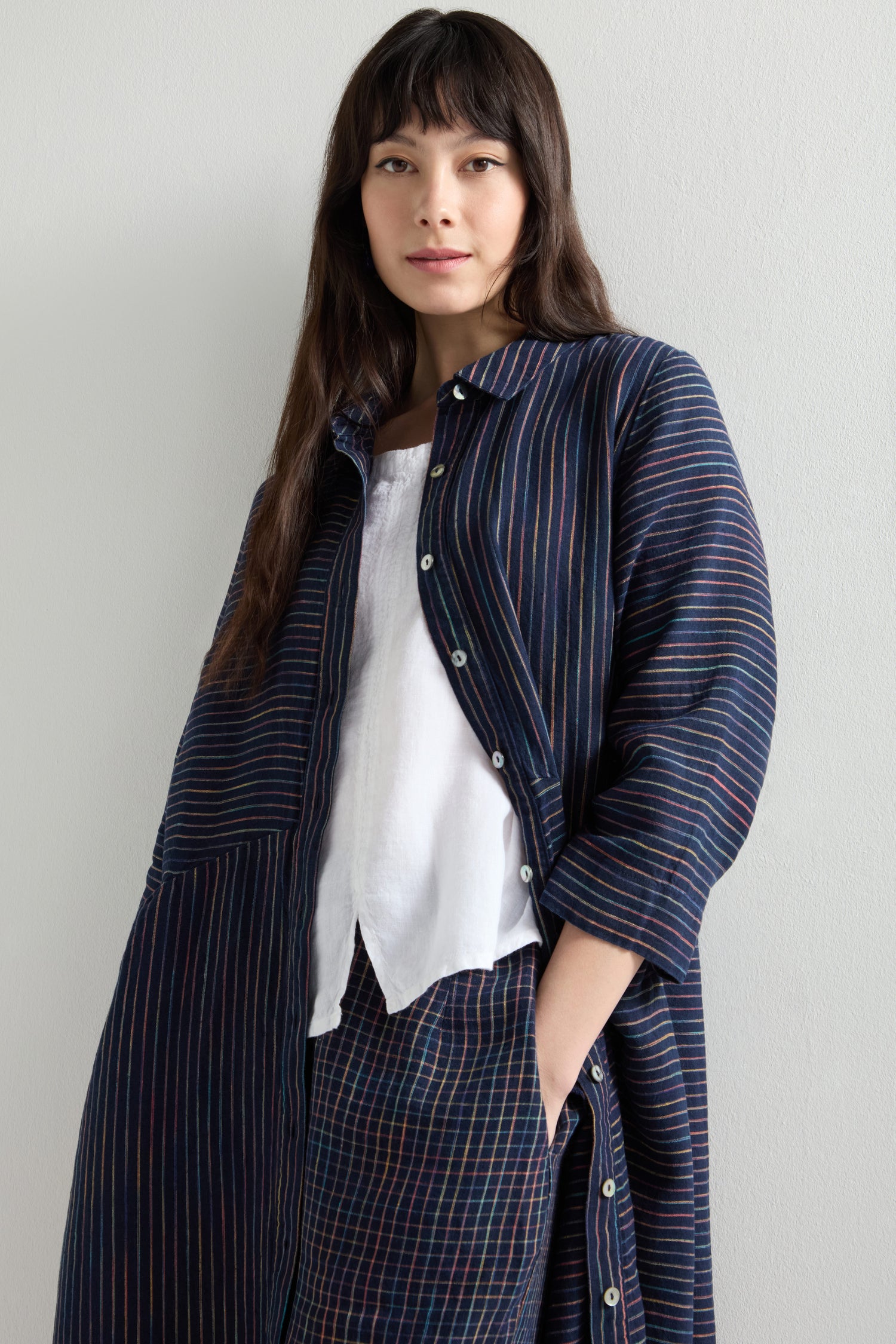 Linen Navy Space Dye Stripe Shirt Dress