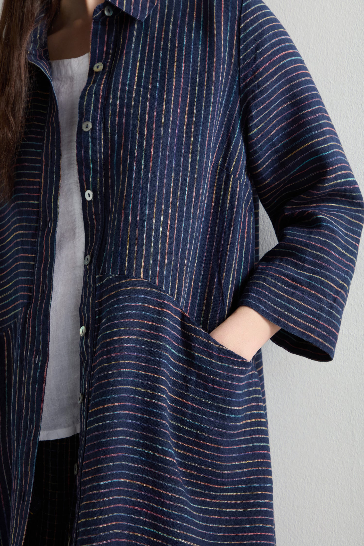 Linen Navy Space Dye Stripe Shirt Dress