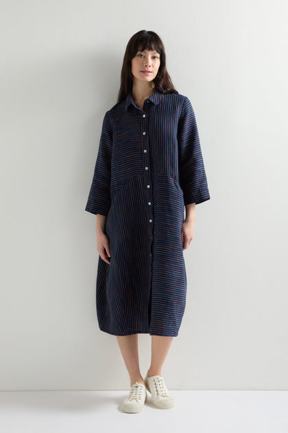 Linen Navy Space Dye Stripe Shirt Dress