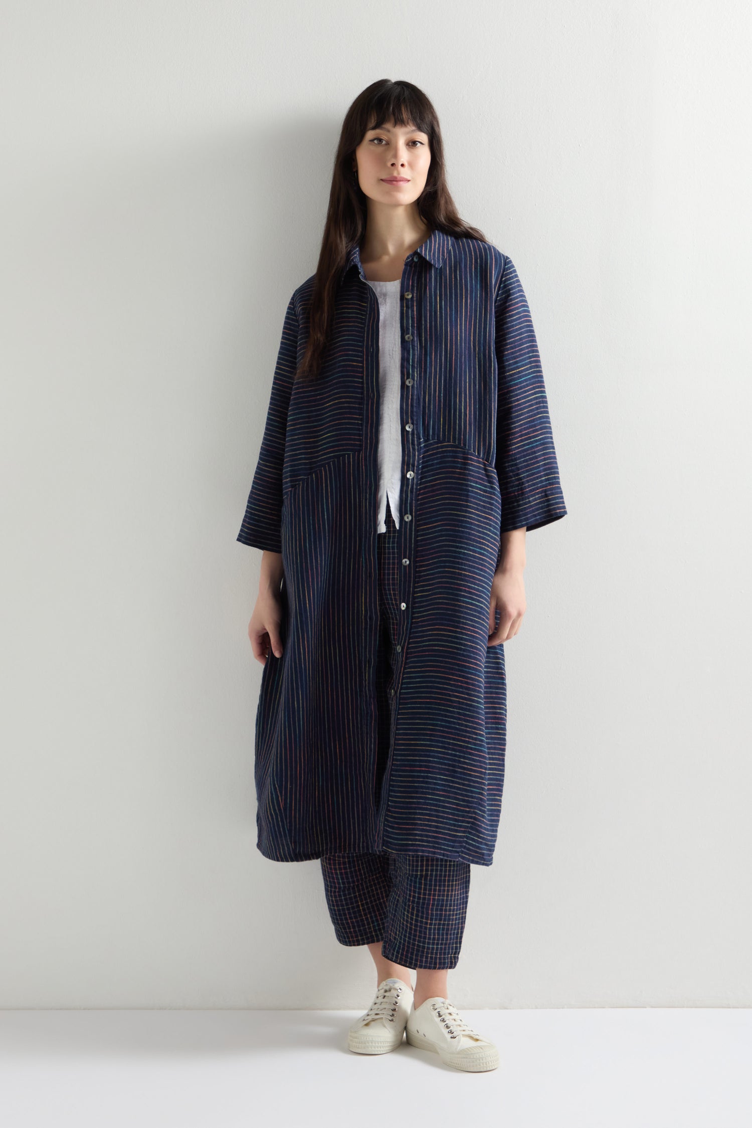 Linen Navy Space Dye Stripe Shirt Dress