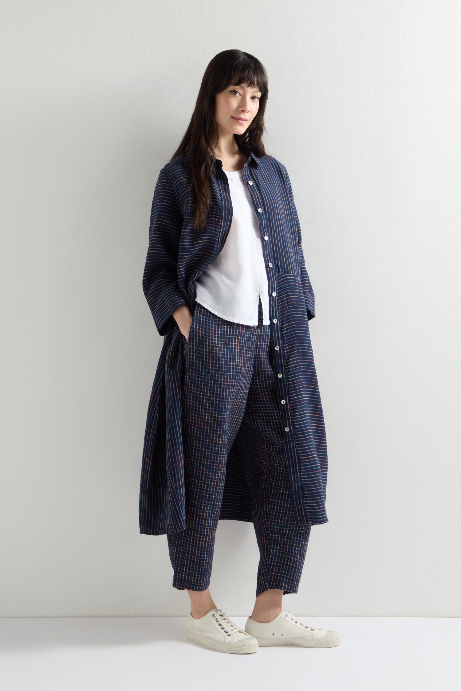 Linen Navy Space Dye Stripe Shirt Dress