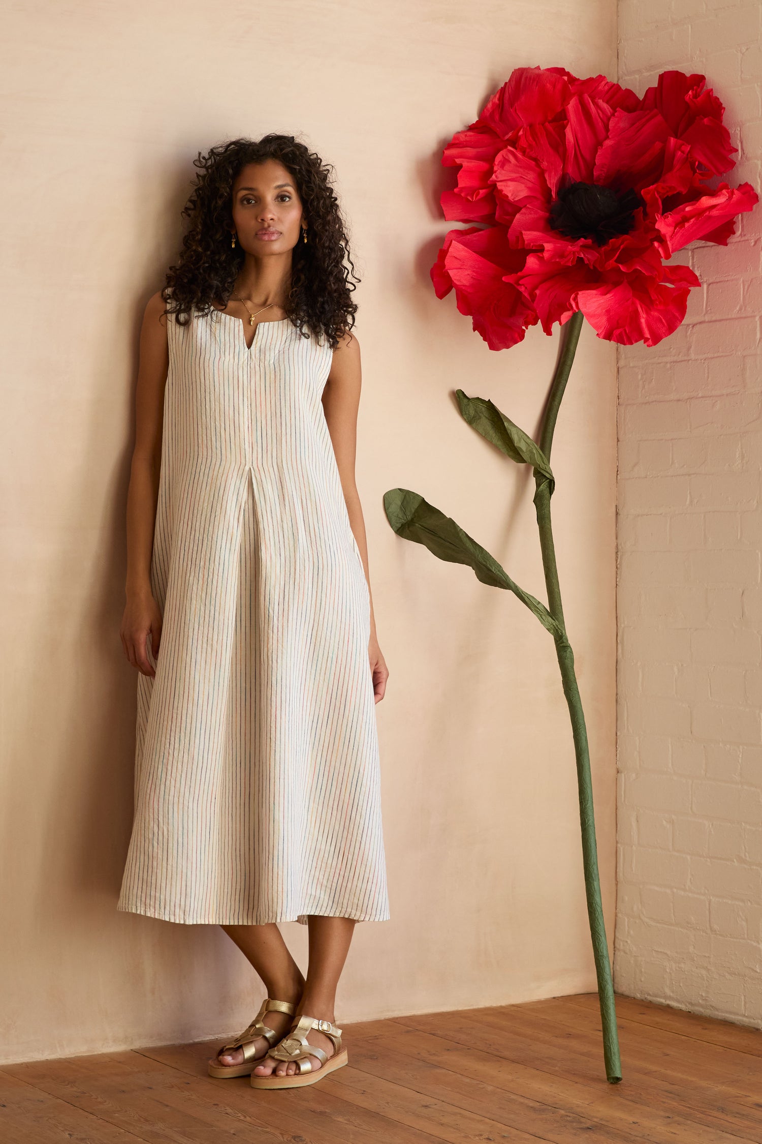 White Space Dye Stripe Sleeveless Linen Dress