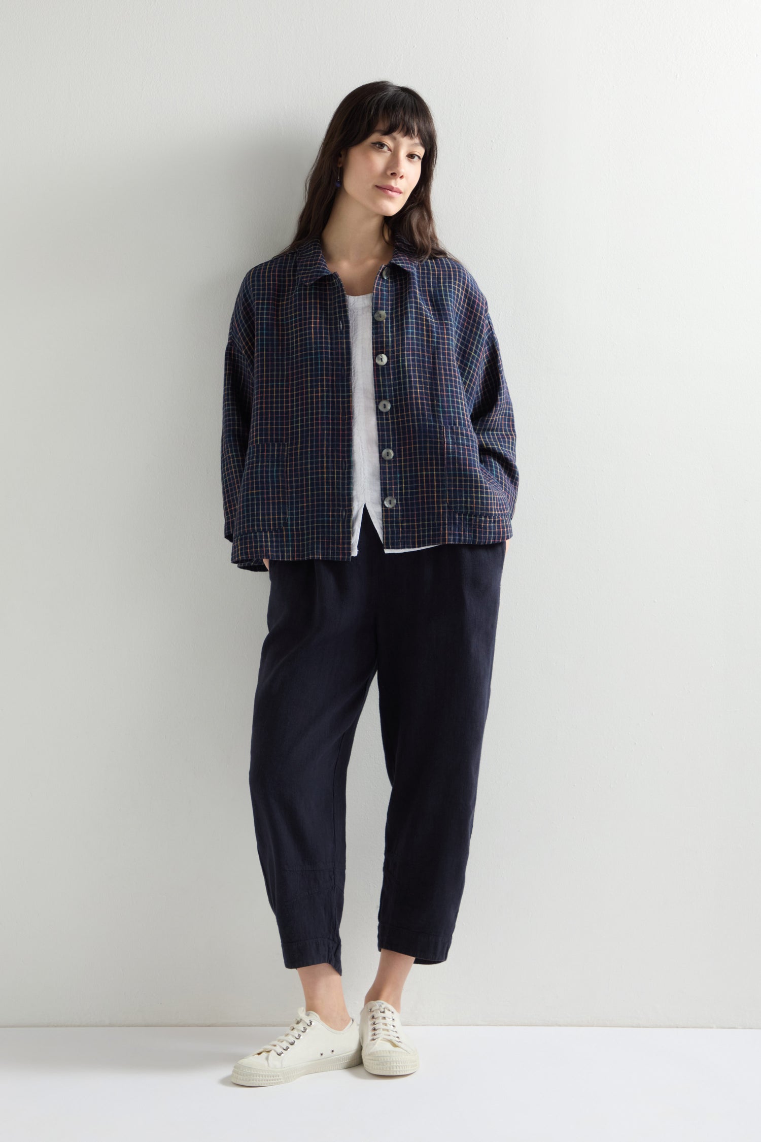 Linen Navy Space Dye Check Boxy Jacket