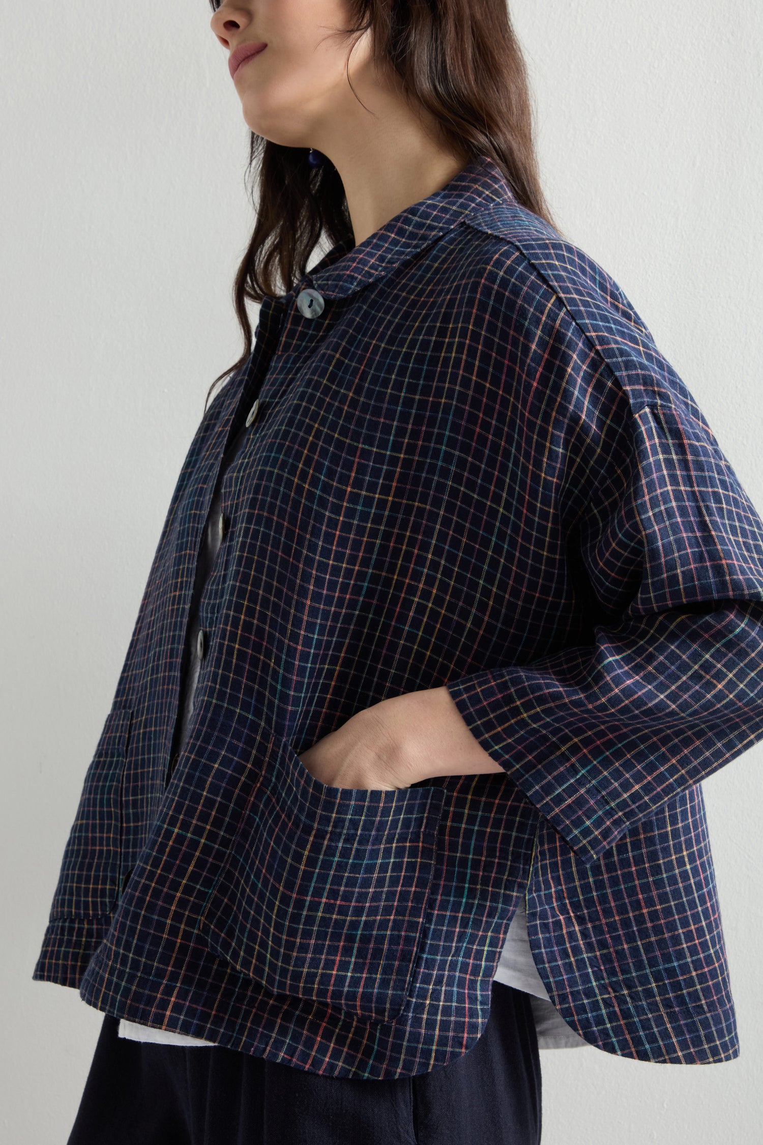 Linen Navy Space Dye Check Boxy Jacket