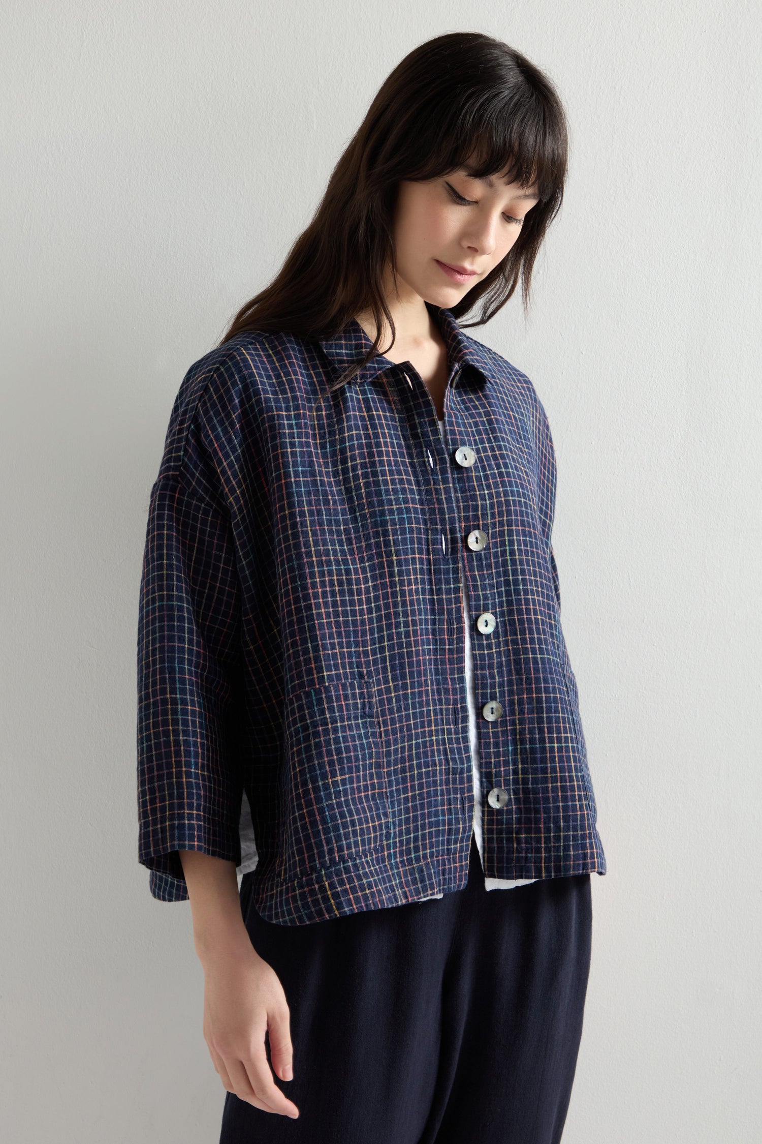 Linen Navy Space Dye Check Boxy Jacket