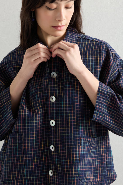 Linen Navy Space Dye Check Boxy Jacket