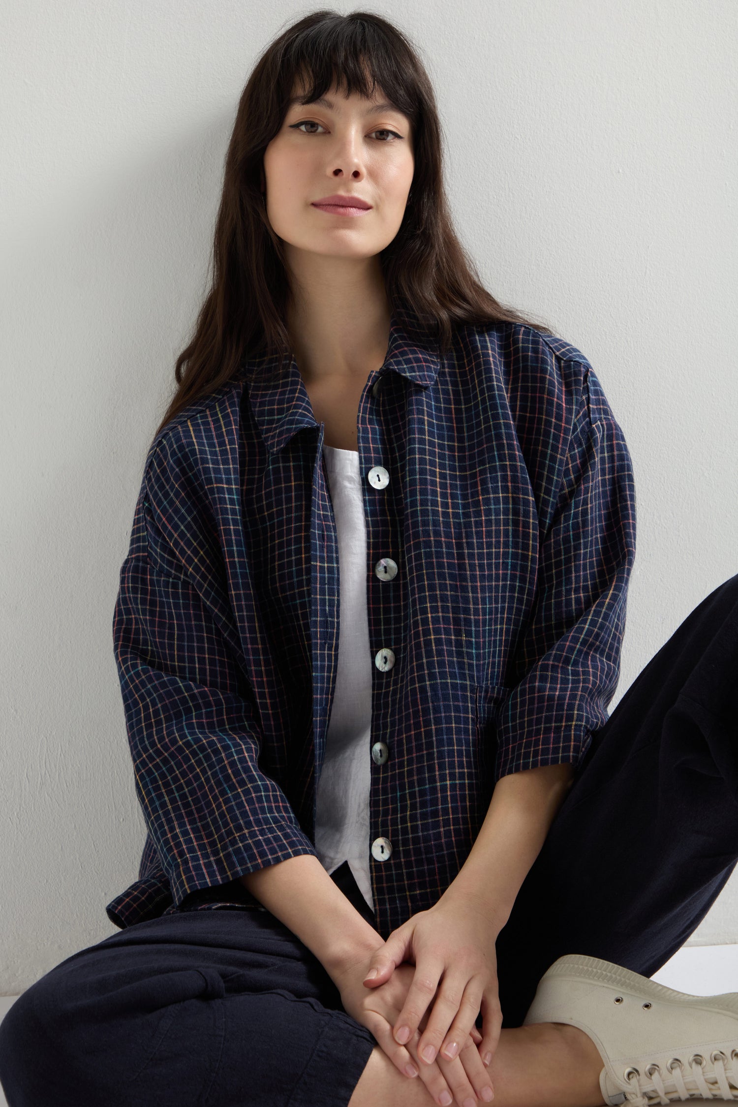 Linen Navy Space Dye Check Boxy Jacket