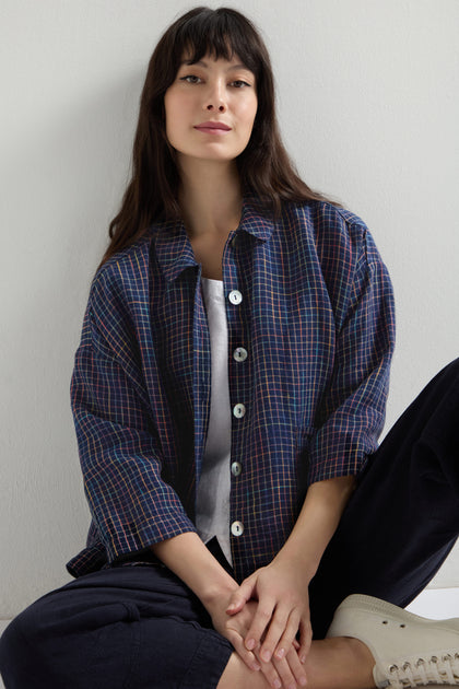 Linen Navy Space Dye Check Boxy Jacket