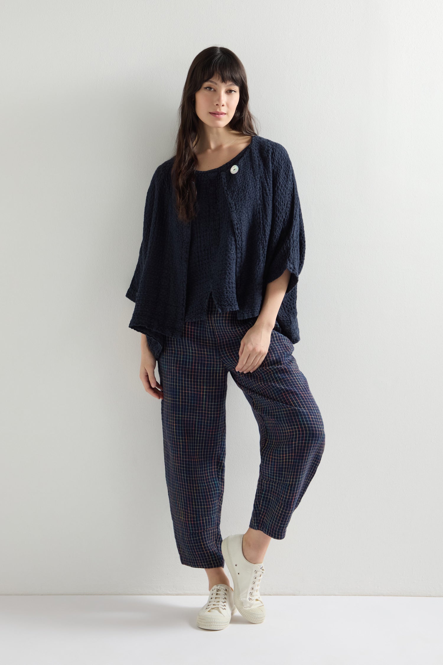 Linen Navy Space Dye Check Bubble Trouser