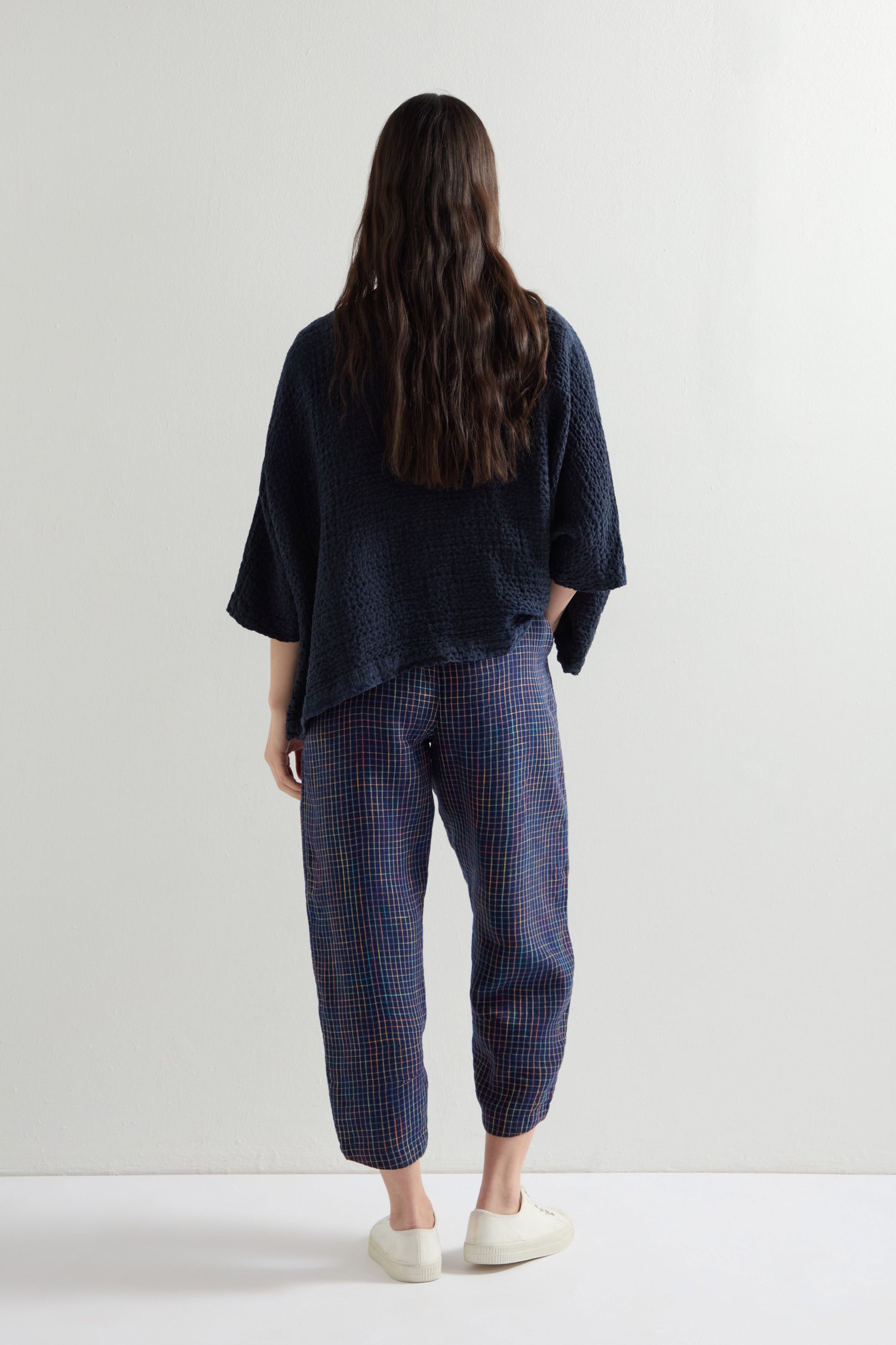 Linen Navy Space Dye Check Bubble Trouser