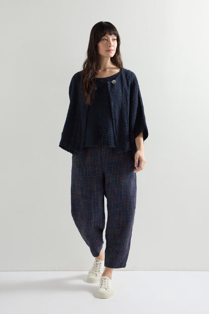 Linen Navy Space Dye Check Bubble Trouser