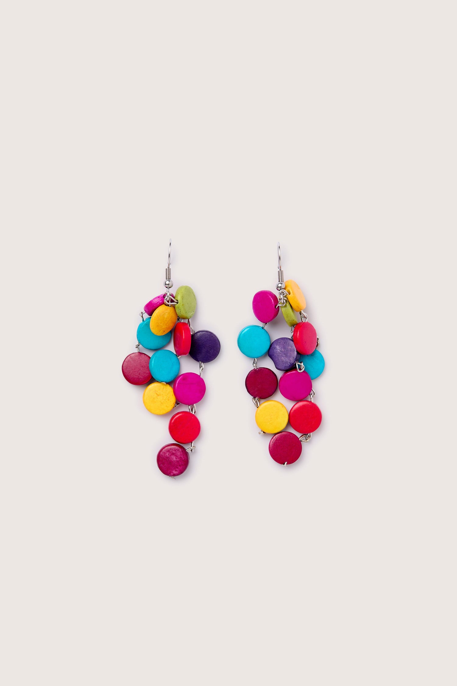 Cascade Earrings handcrafted, colourful earrings hanging on a white background.