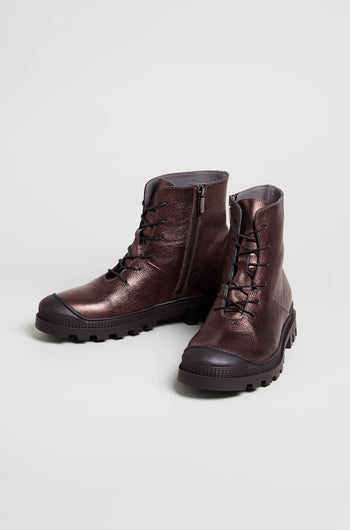 A pair of Metallic Chocolate Lace Up Leather Boots, featuring metallic brown calfskin leather, thick rubber soles, and side zippers, displayed on a plain white background.