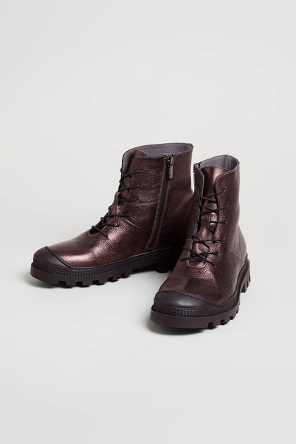 A pair of Metallic Chocolate Lace Up Leather Boots, featuring metallic brown calfskin leather, thick rubber soles, and side zippers, displayed on a plain white background.