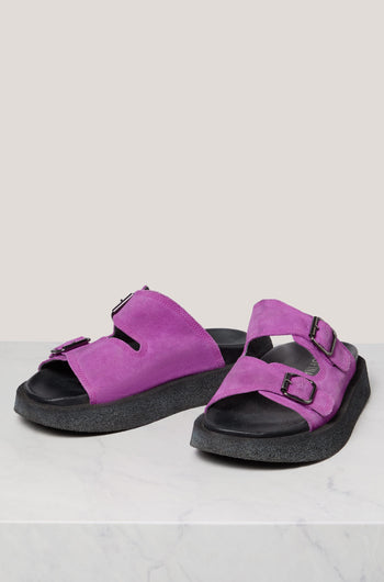 A pair of purple Suede Double Buckle Slider sandals displayed on a white surface.