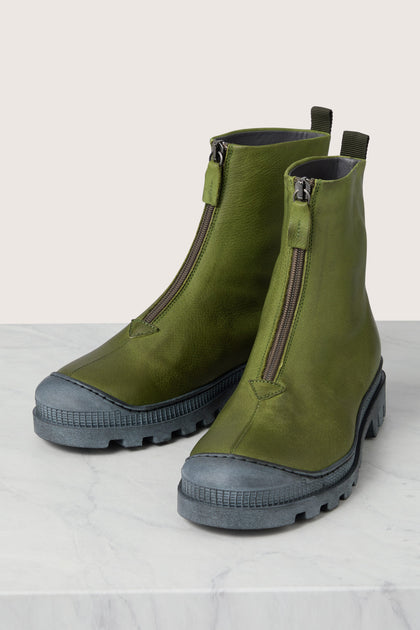 A pair of green leather Zip Front Boots with a zipper on the side, featuring Italian craftsmanship.