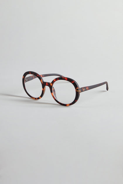 Tortoise Round Reading Glasses with dark and light brown patterns, optician-quality lenses, shown on a plain light background.