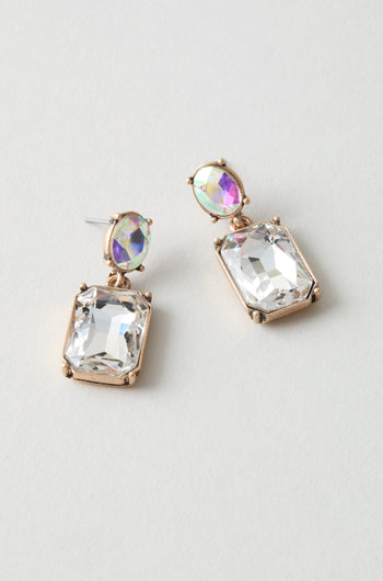 Twin Gemstone Earrings: Gold-framed, modern earrings with rectangular clear gemstones and small iridescent round stones—perfect for a statement on any occasion.