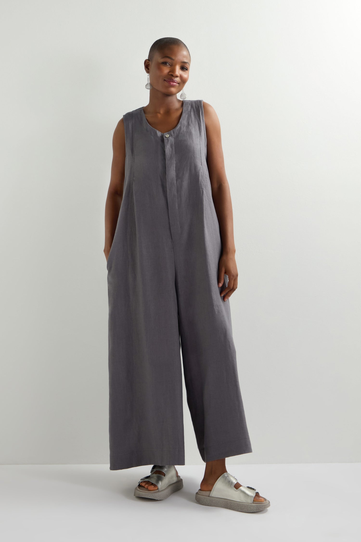 Flared Sleeveless Linen Jumpsuit