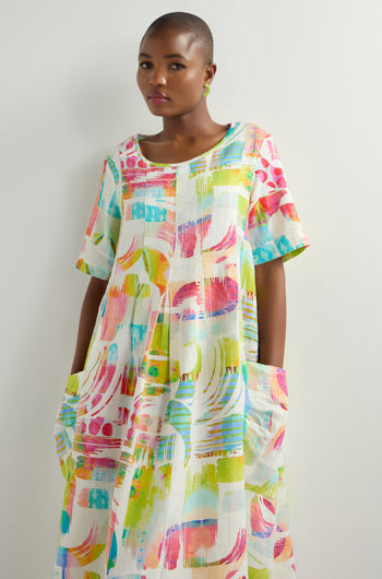 Block Print Linen Pleat Dress