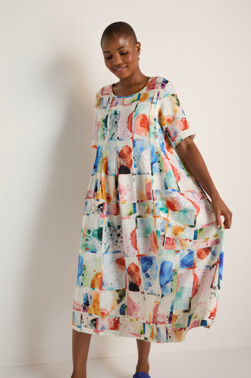Watercolour Linen Pleated Dress – Sahara