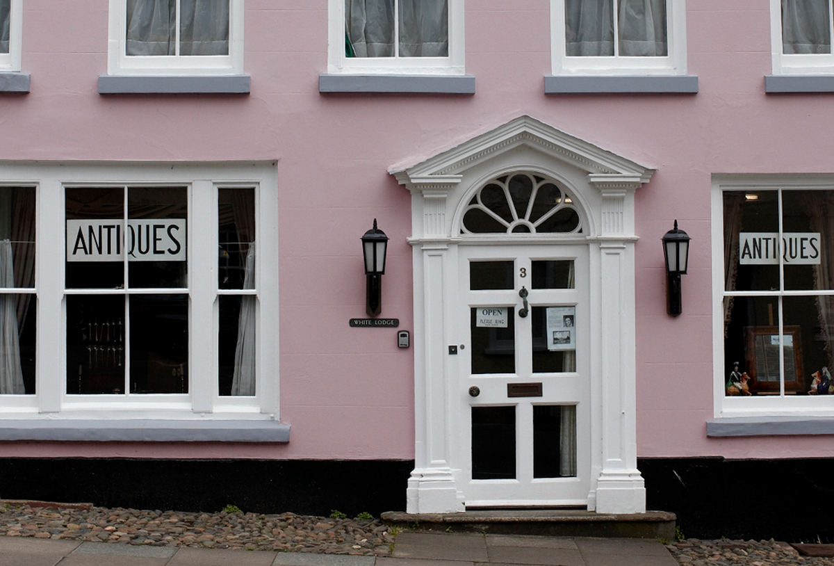pink antiques shop front