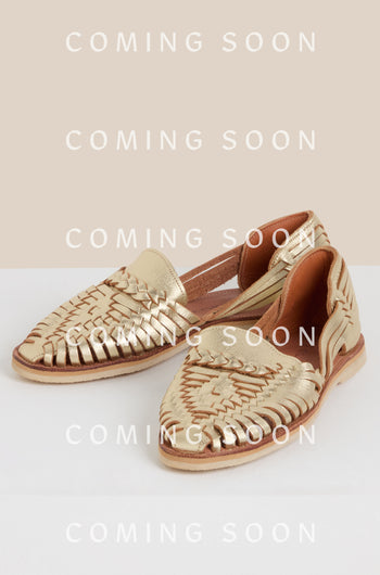 Alegre Leather Huarache Sandals showcased with a repeated "COMING SOON" text overlay.