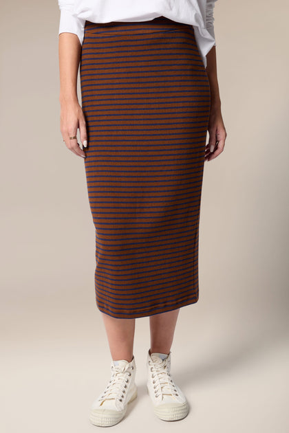 Lilla Skirt in brown and orange stripes, made with soft touch woven fabric, perfect for all occasions.