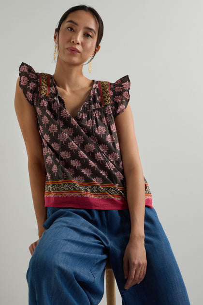 Lotus Print Frill Sleeve Top