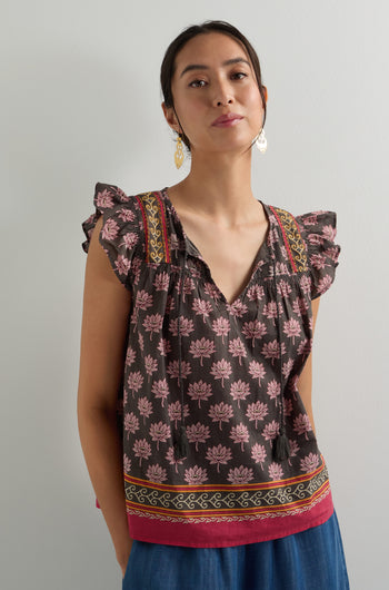 Lotus Print Frill Sleeve Top
