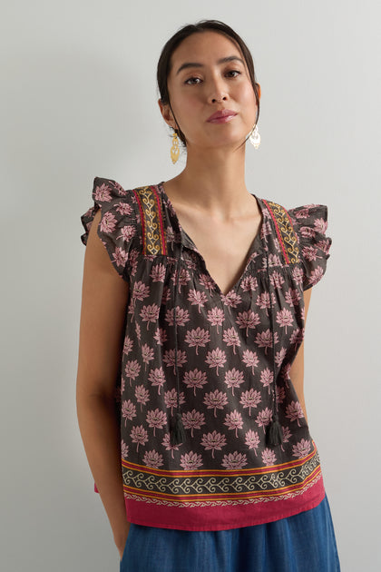 Lotus Print Frill Sleeve Top