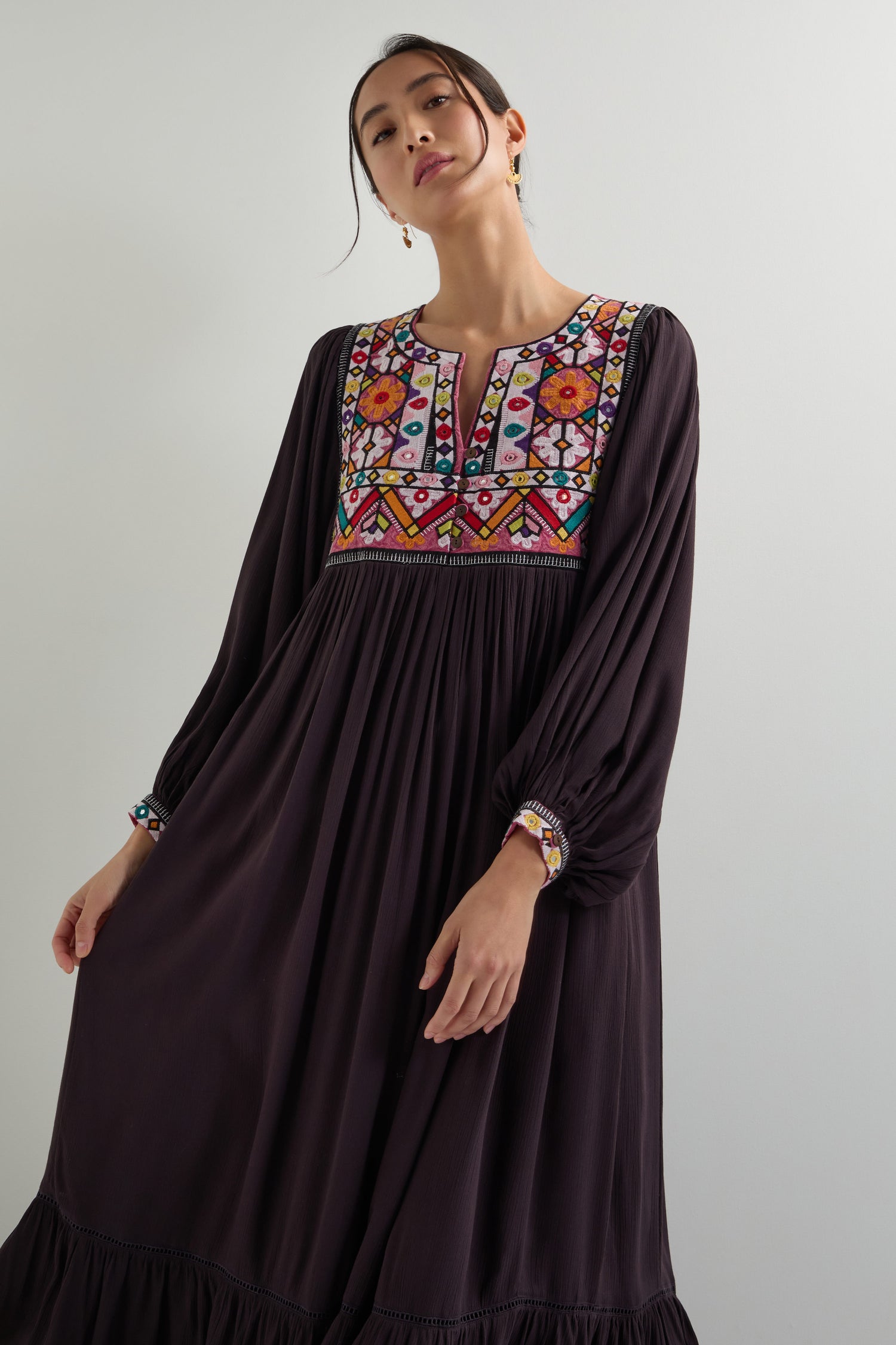 Embroidered Bib Maxi Dress