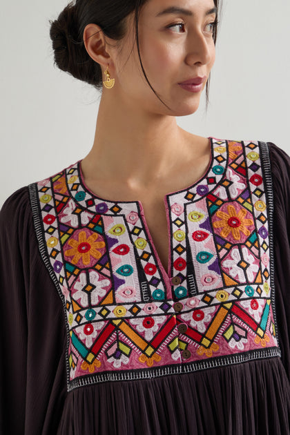 Embroidered Bib Maxi Dress