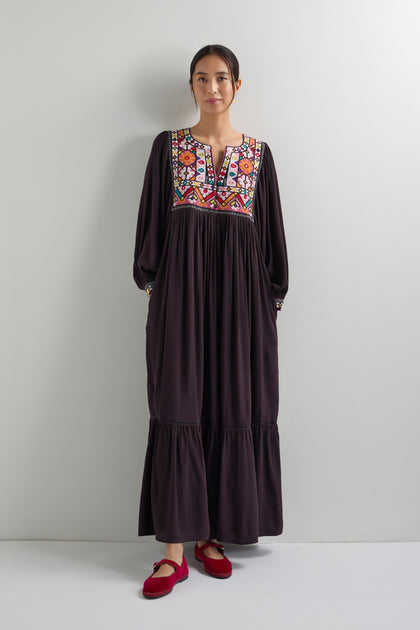 Embroidered Bib Maxi Dress