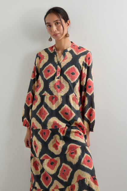 Ikat V Neck Tiered Dress