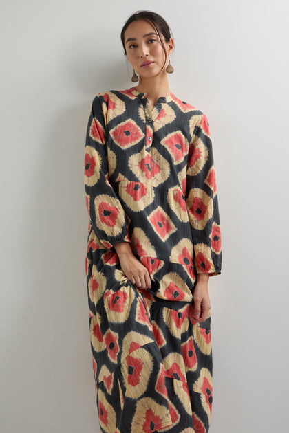 Ikat V Neck Tiered Dress